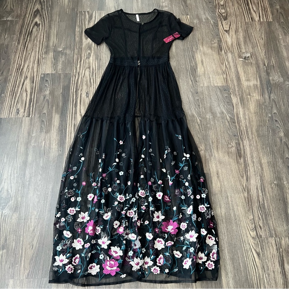 Xhilaration NEW Black Floral Embroidered Maxi Sheer Dress
